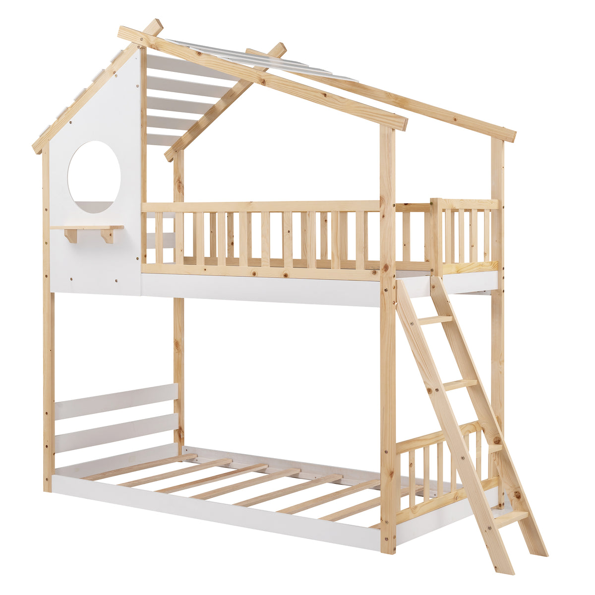 Twin Over Twin Bunk Bed Wood Bed with Roof, Window, Ladder for Kids, Teens, Girls, Boys ( Natural )