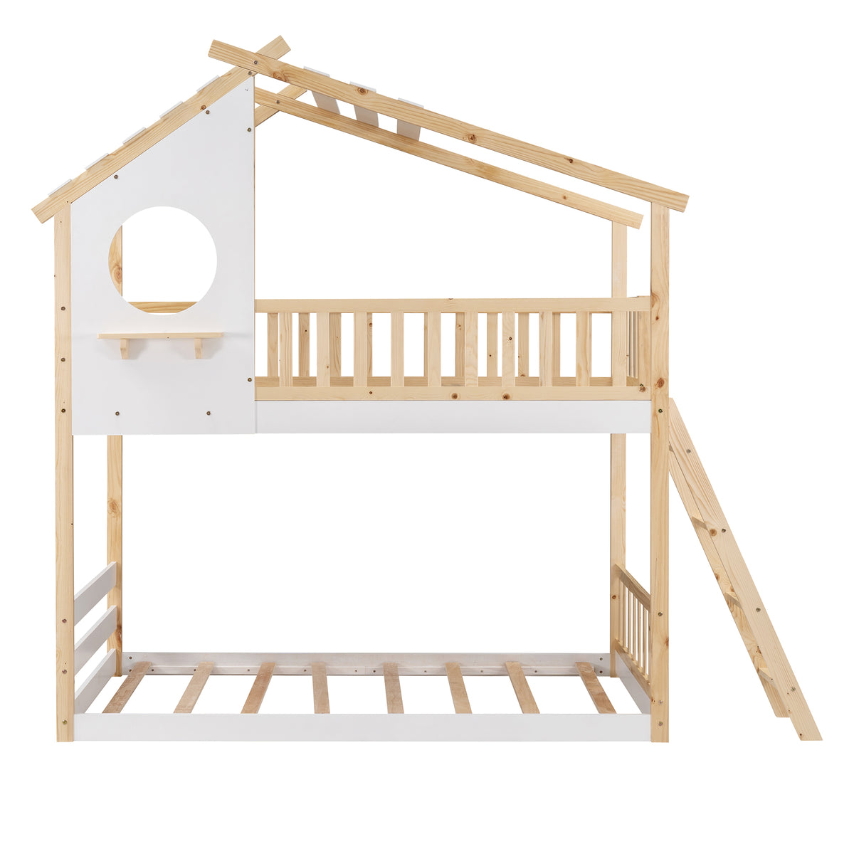 Twin Over Twin Bunk Bed Wood Bed with Roof, Window, Ladder for Kids, Teens, Girls, Boys ( Natural )