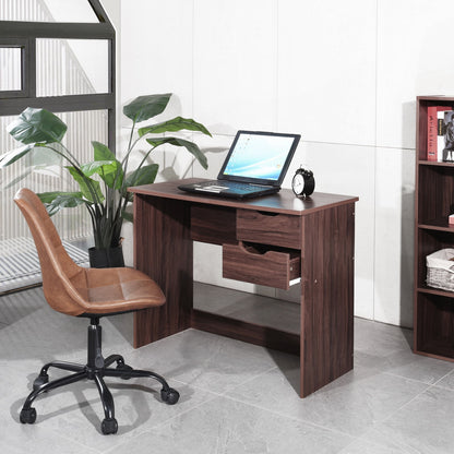Computer Desk Writing Study Table with 2 Side Drawers Classic Home Office Laptop Desk Brown Wood Notebook Table