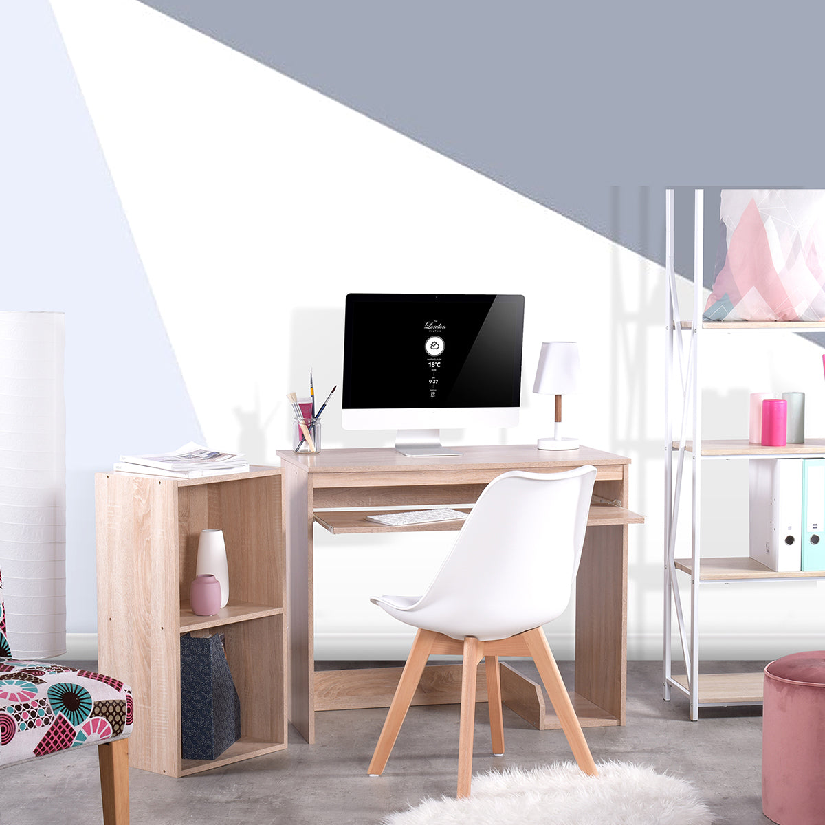 2 Piece Manufactured Wood Configurable Rectangular Desk Rectangular Writing Desk Office Set with BOOKCASE, BEECH