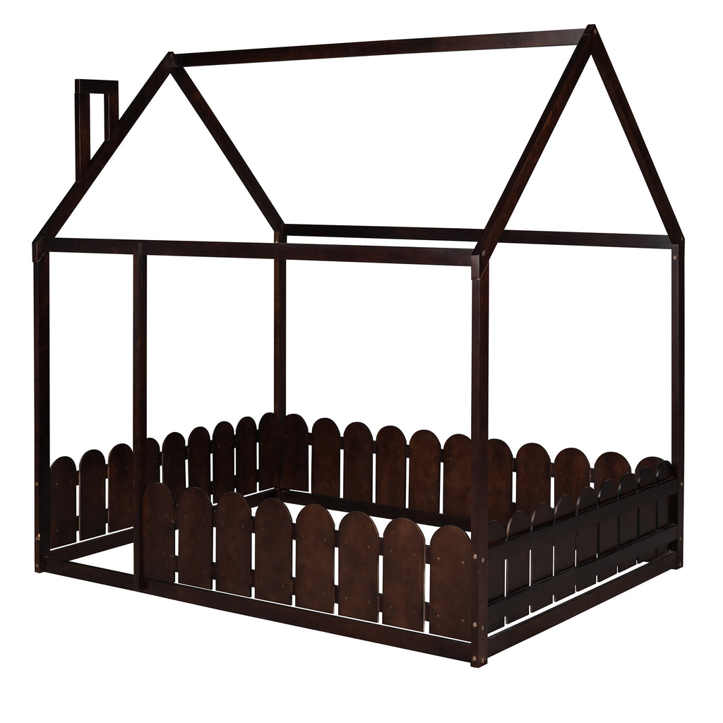 （Slats are not included) Full Size Wood Bed House Bed Frame with Fence, for Kids, Teens, Girls, Boys (Espresso )