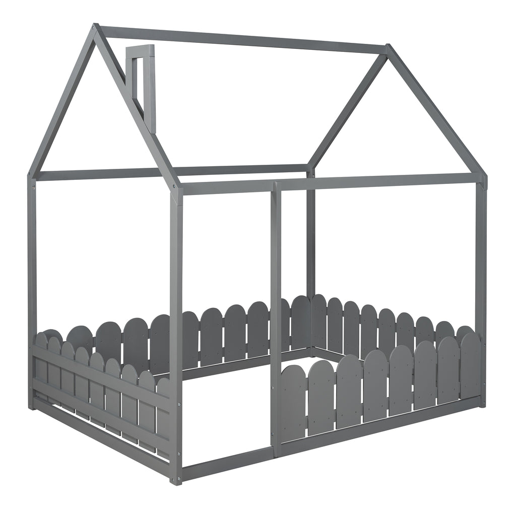 （Slats are not included) Full Size Wood Bed House Bed Frame with Fence, for Kids, Teens, Girls, Boys (Gray )