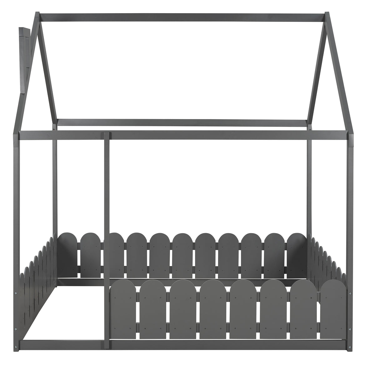 （Slats are not included) Full Size Wood Bed House Bed Frame with Fence, for Kids, Teens, Girls, Boys (Gray )