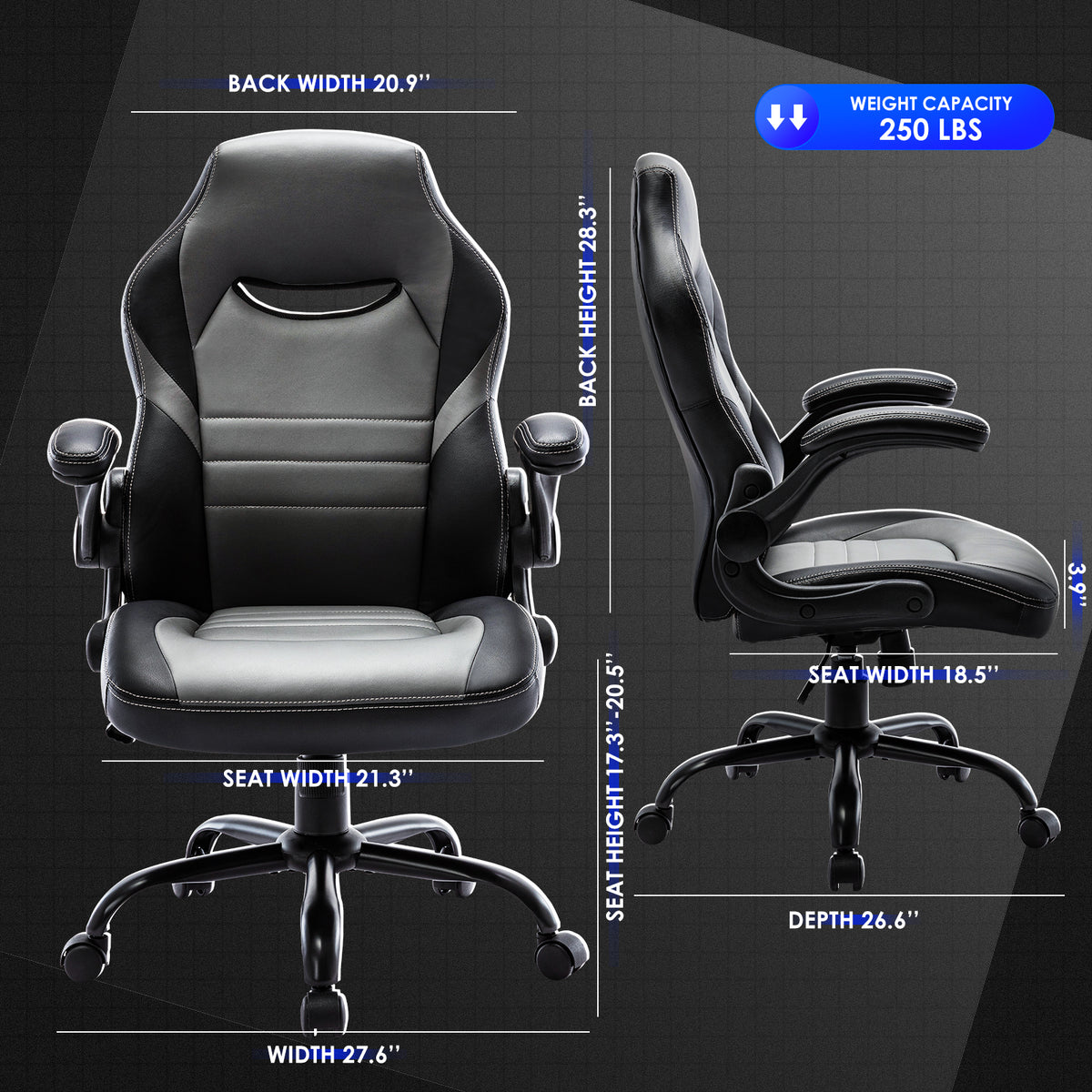 Flip-Up Arms Office Gaming Chair, Ergonomic Swivel Computer Racing Game Chair Adjustable Desk Task Chair (Black)