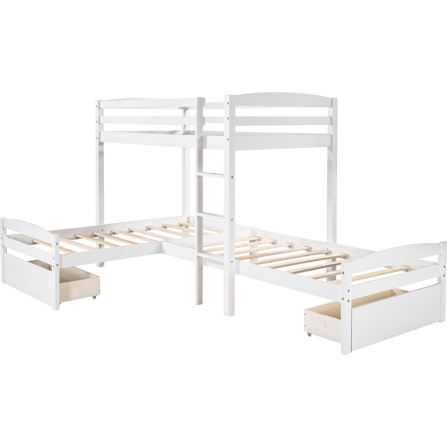 Twin Over Twin Over Twin  L-shaped Bunk Bed with Two Drawers, Pine Wood Bed Frame for Kids and Teens, Gray