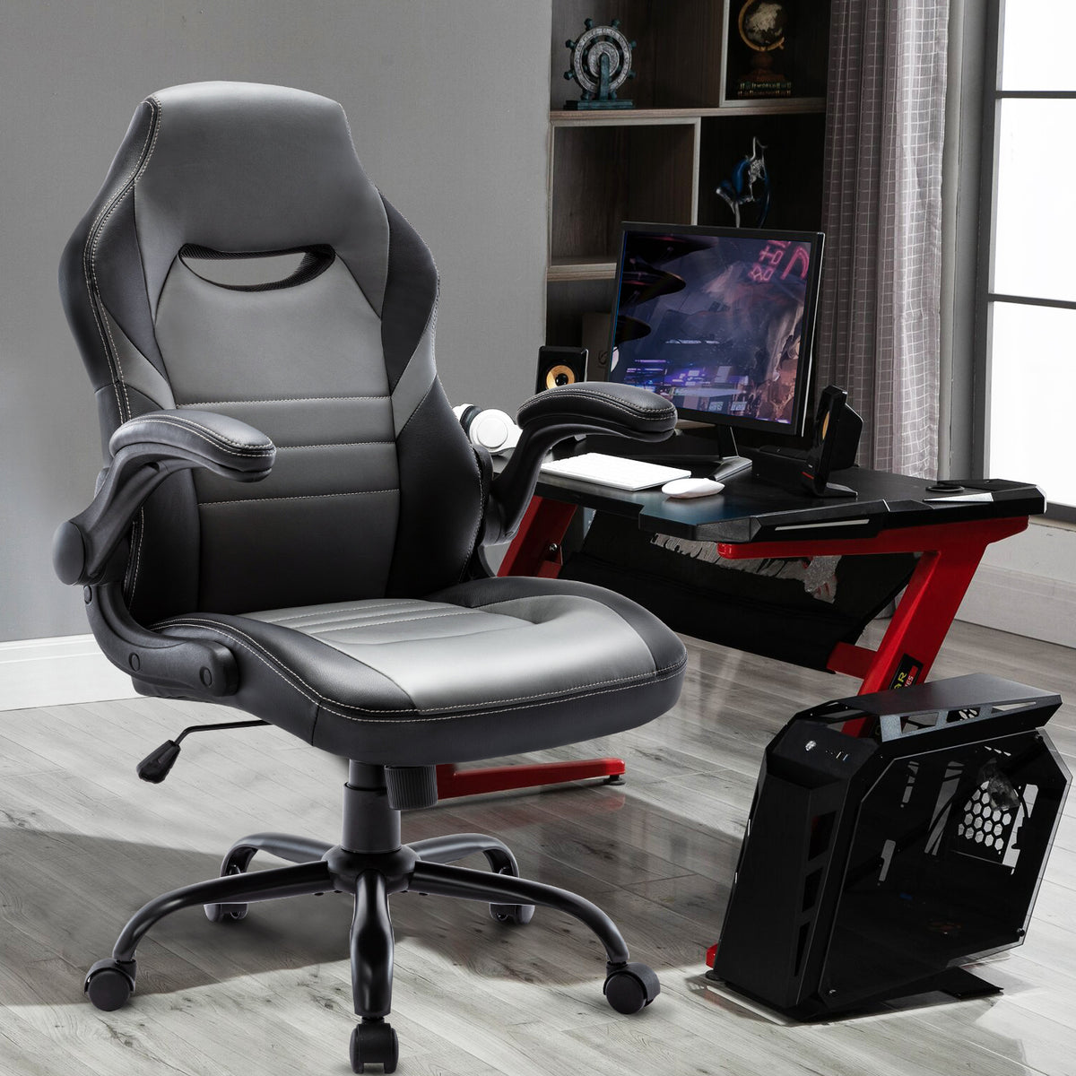 Flip-Up Arms Office Gaming Chair, Ergonomic Swivel Computer Racing Game Chair Adjustable Desk Task Chair (Black)