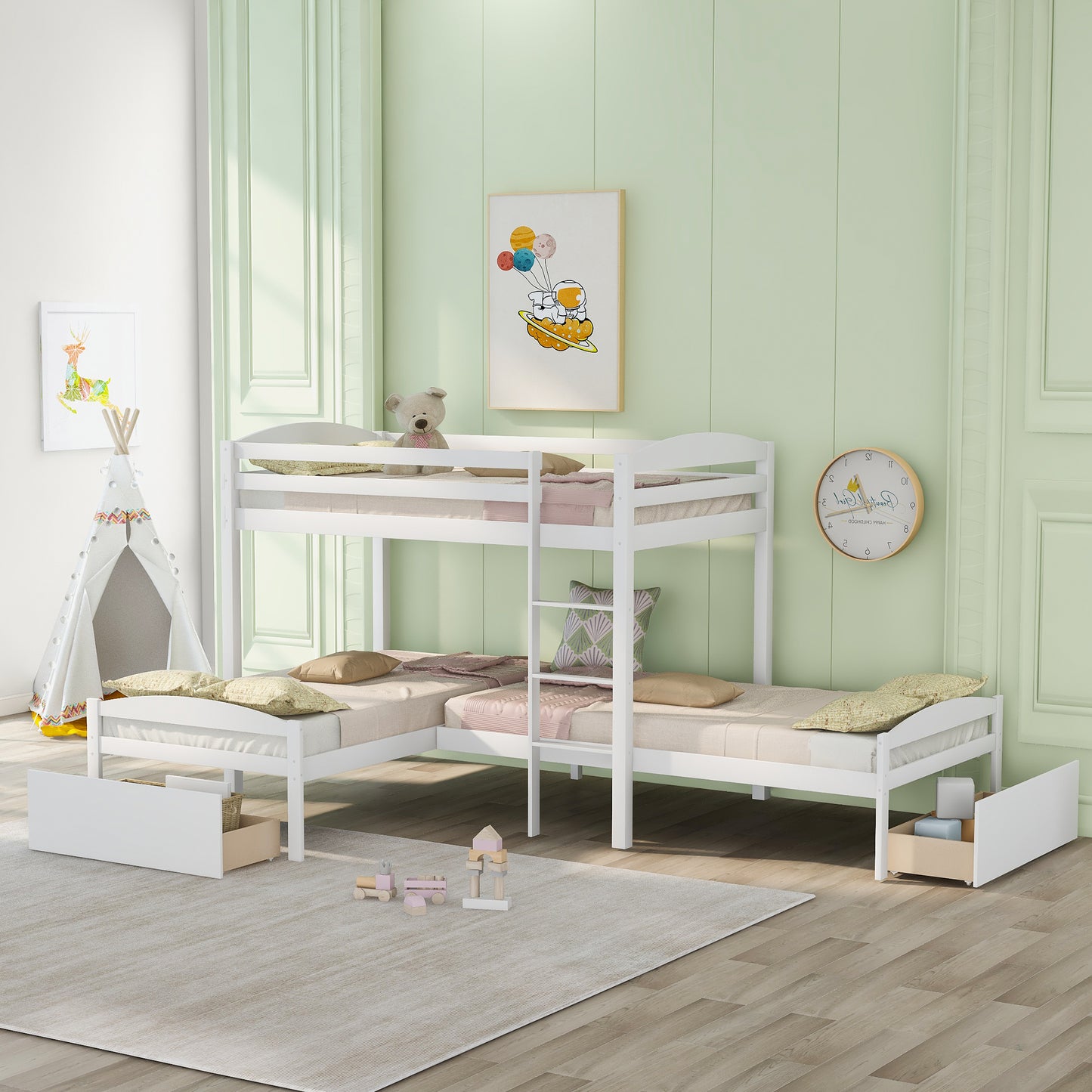 Twin Over Twin Over Twin  L-shaped Bunk Bed with Two Drawers, Pine Wood Bed Frame for Kids and Teens, Gray