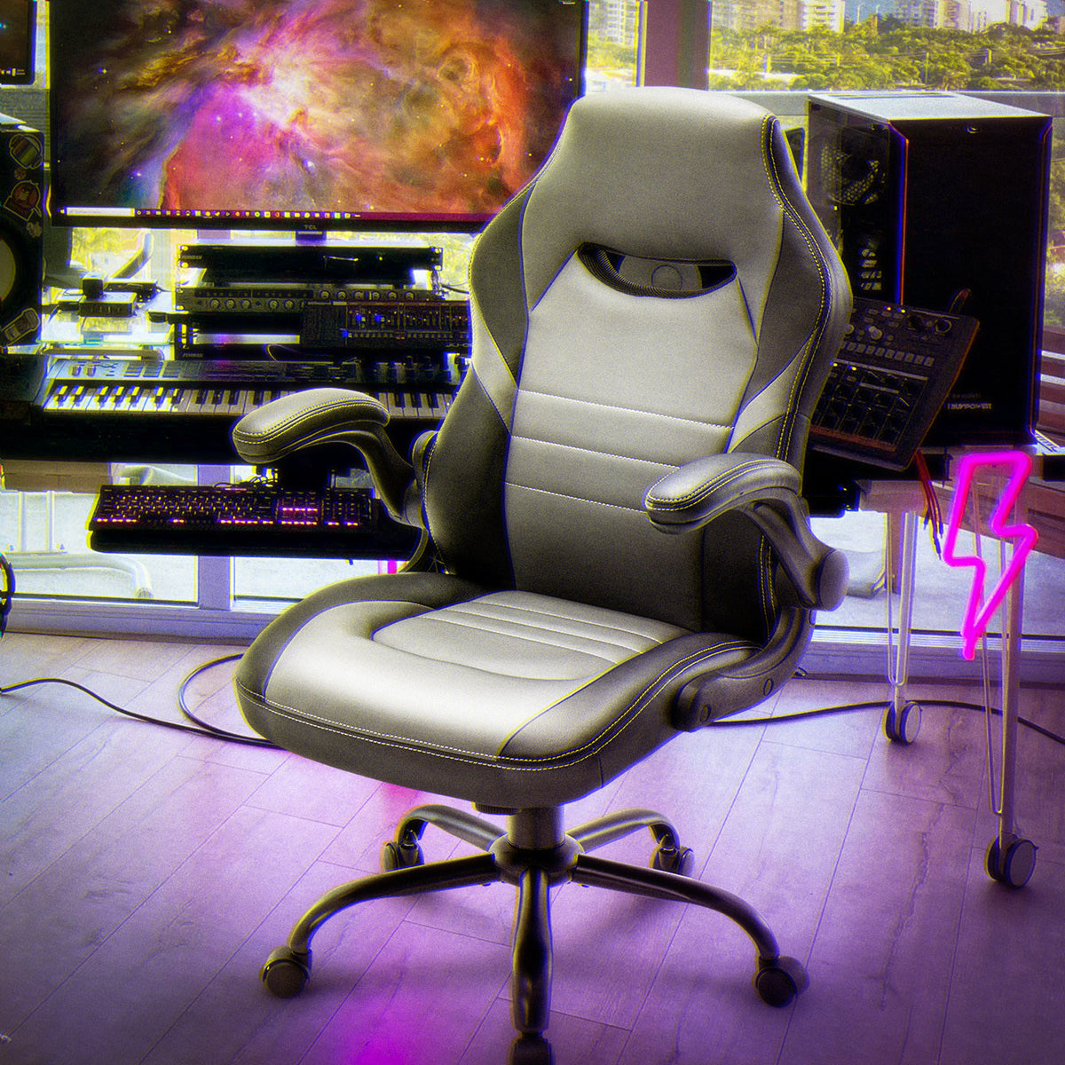 Flip-Up Arms Office Gaming Chair, Ergonomic Swivel Computer Racing Game Chair Adjustable Desk Task Chair (Black)
