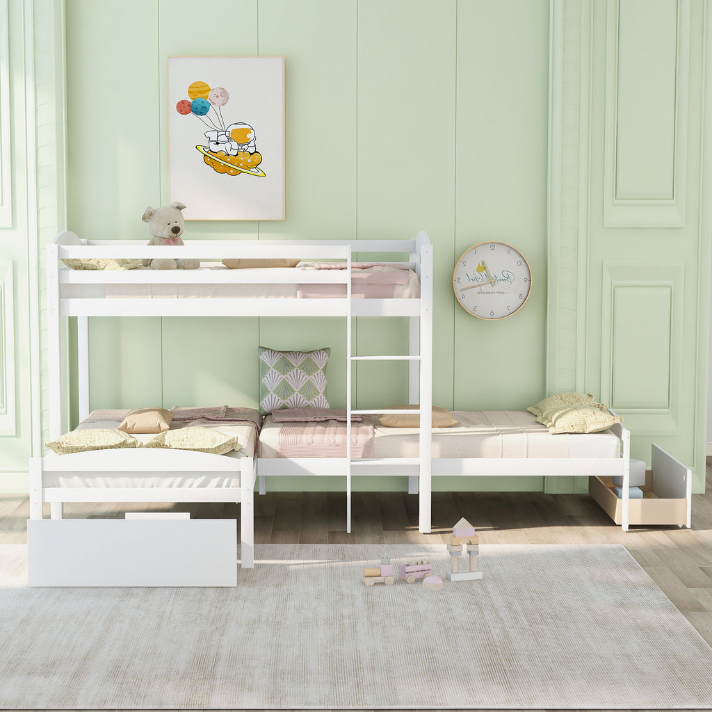 Twin Over Twin Over Twin  L-shaped Bunk Bed with Two Drawers, Pine Wood Bed Frame for Kids and Teens, Gray