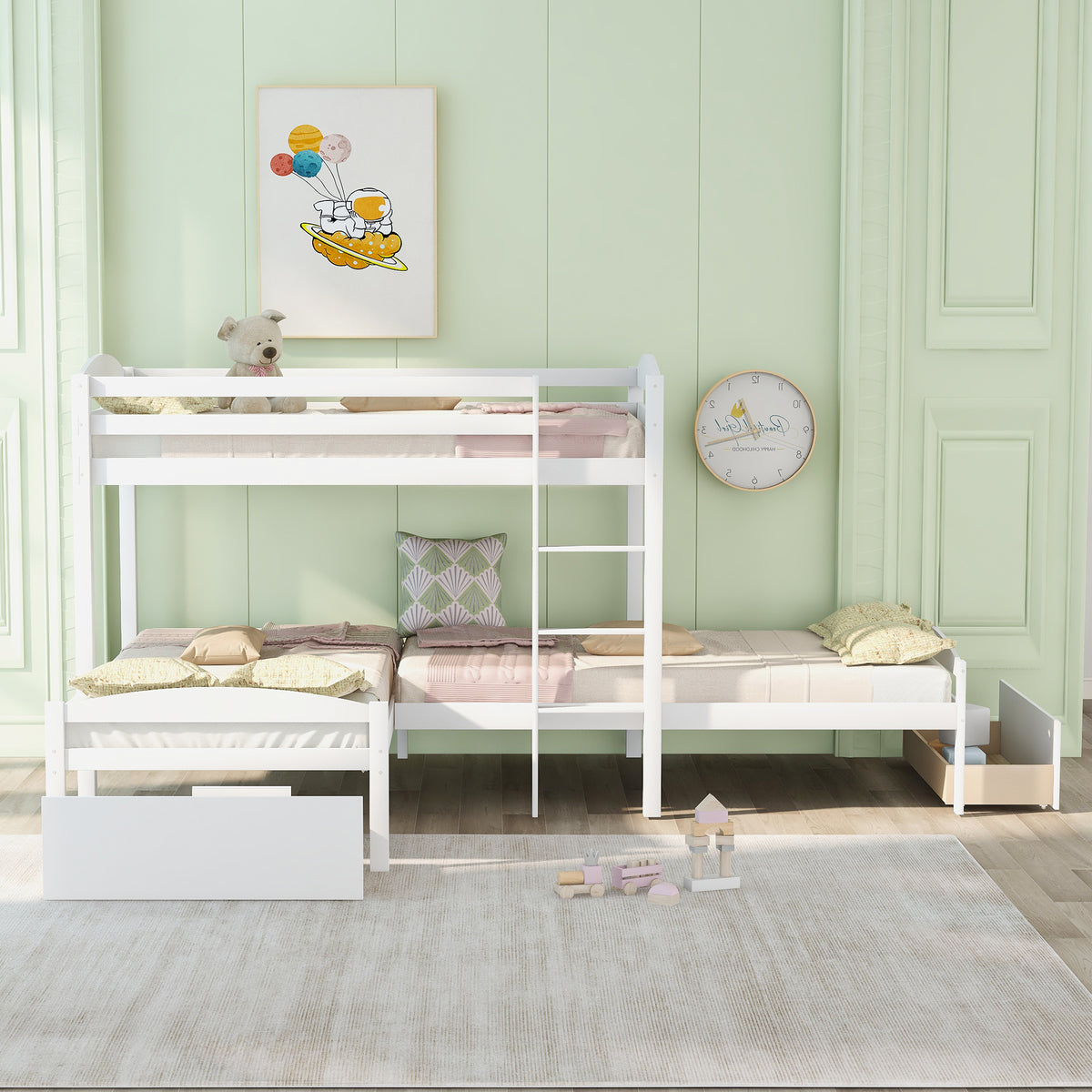 Twin Over Twin Over Twin  L-shaped Bunk Bed with Two Drawers, Pine Wood Bed Frame for Kids and Teens, Gray