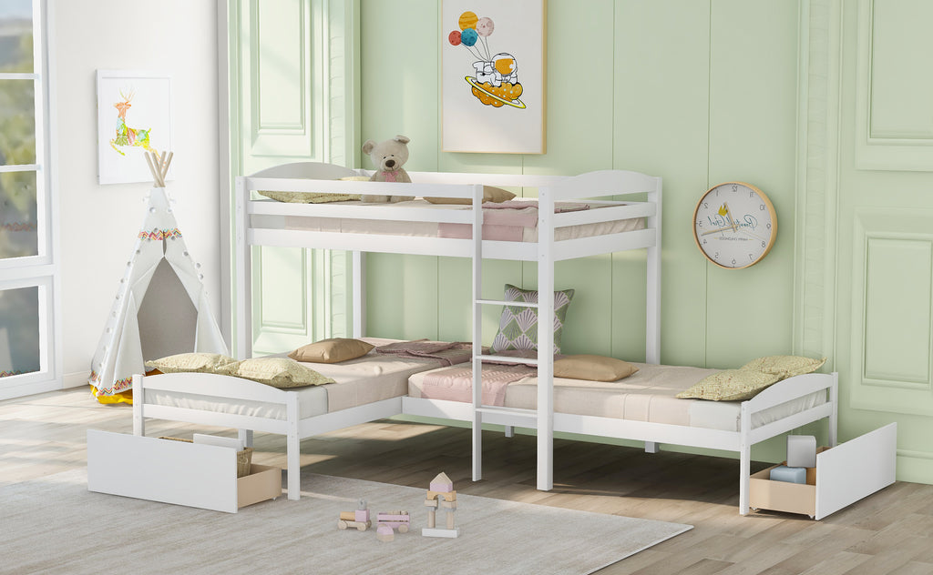 Twin Over Twin Over Twin  L-shaped Bunk Bed with Two Drawers, Pine Wood Bed Frame for Kids and Teens, Gray
