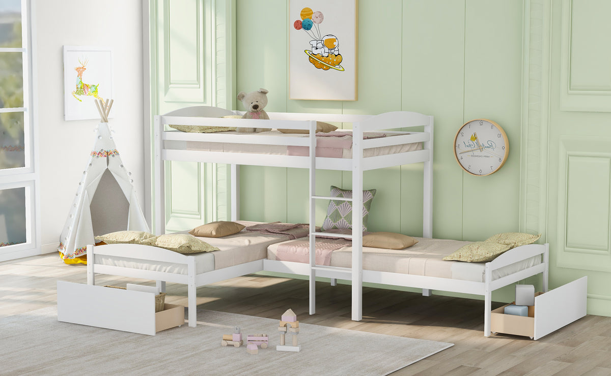 Twin Over Twin Over Twin  L-shaped Bunk Bed with Two Drawers, Pine Wood Bed Frame for Kids and Teens, Gray