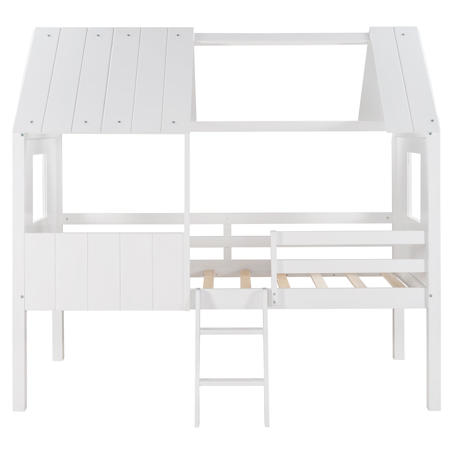Twin Size Low Loft Wood House Bed with Two Side Windows, for Kids, Teens, Girls, Boys, (Normal White+Normal White)