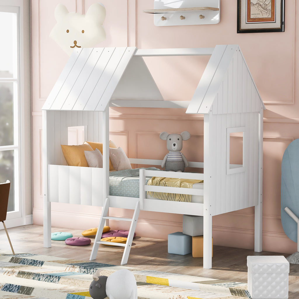Twin Size Low Loft Wood House Bed with Two Side Windows, for Kids, Teens, Girls, Boys, (Normal White+Normal White)