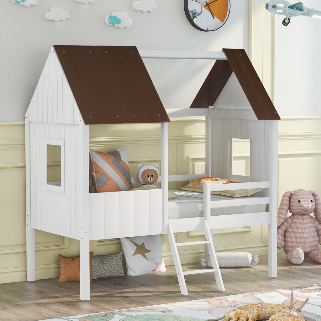 Twin Size Low Loft Wood House Bed with Two Side Windows, for Kids, Teens, Girls, Boys, (Antique Gray+Normal White)