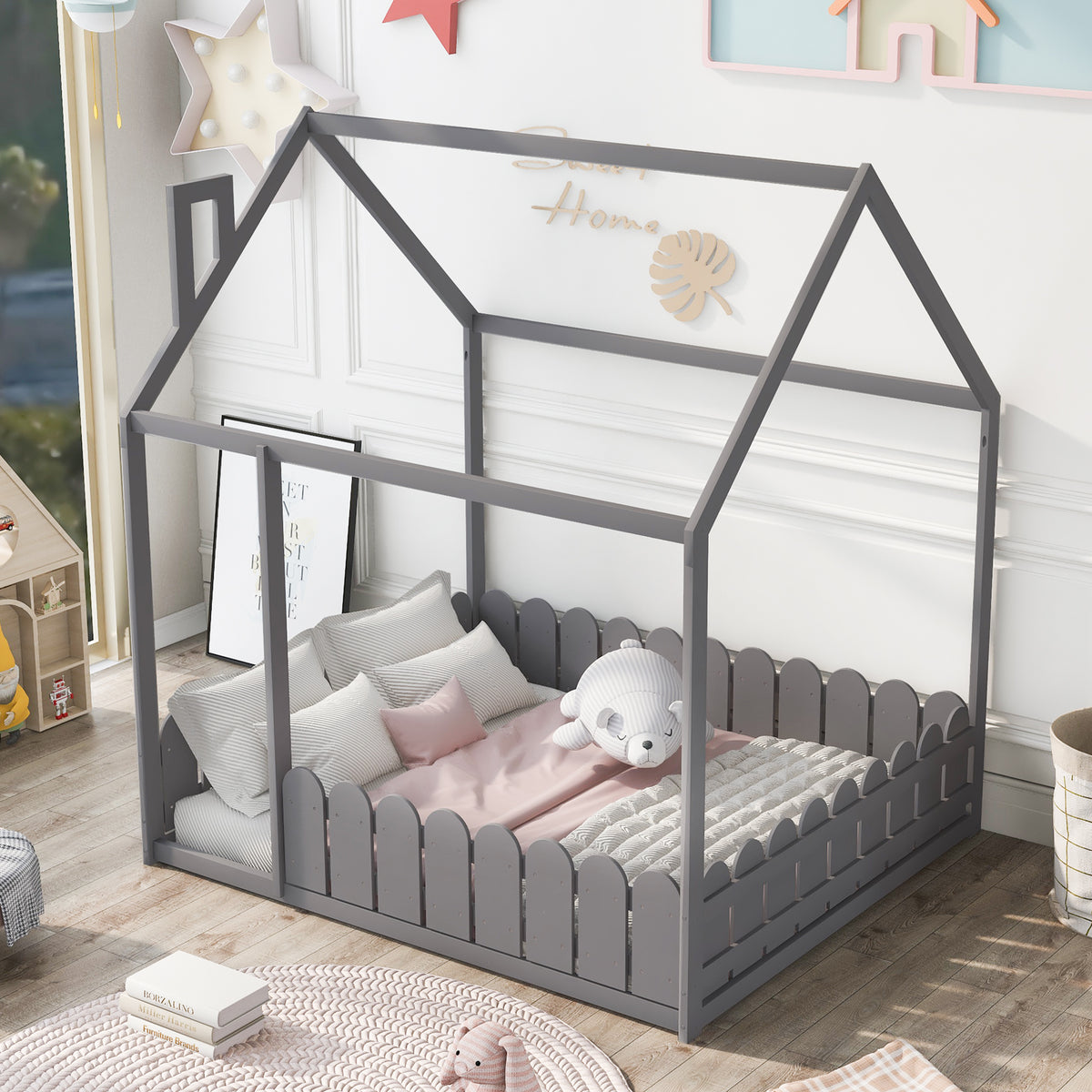 （Slats are not included) Full Size Wood Bed House Bed Frame with Fence, for Kids, Teens, Girls, Boys (Gray )