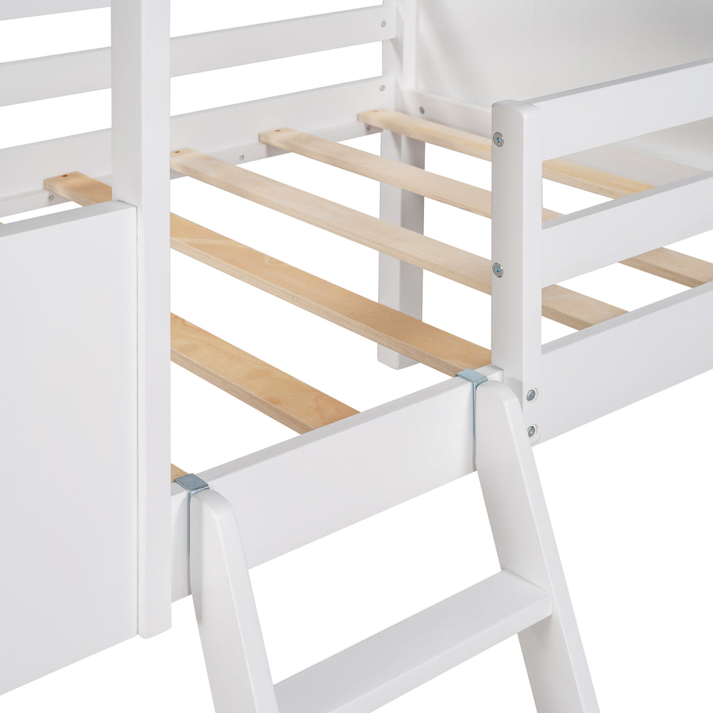 Twin Size Low Loft Wood House Bed with Two Side Windows, for Kids, Teens, Girls, Boys, (Antique Gray+Normal White)