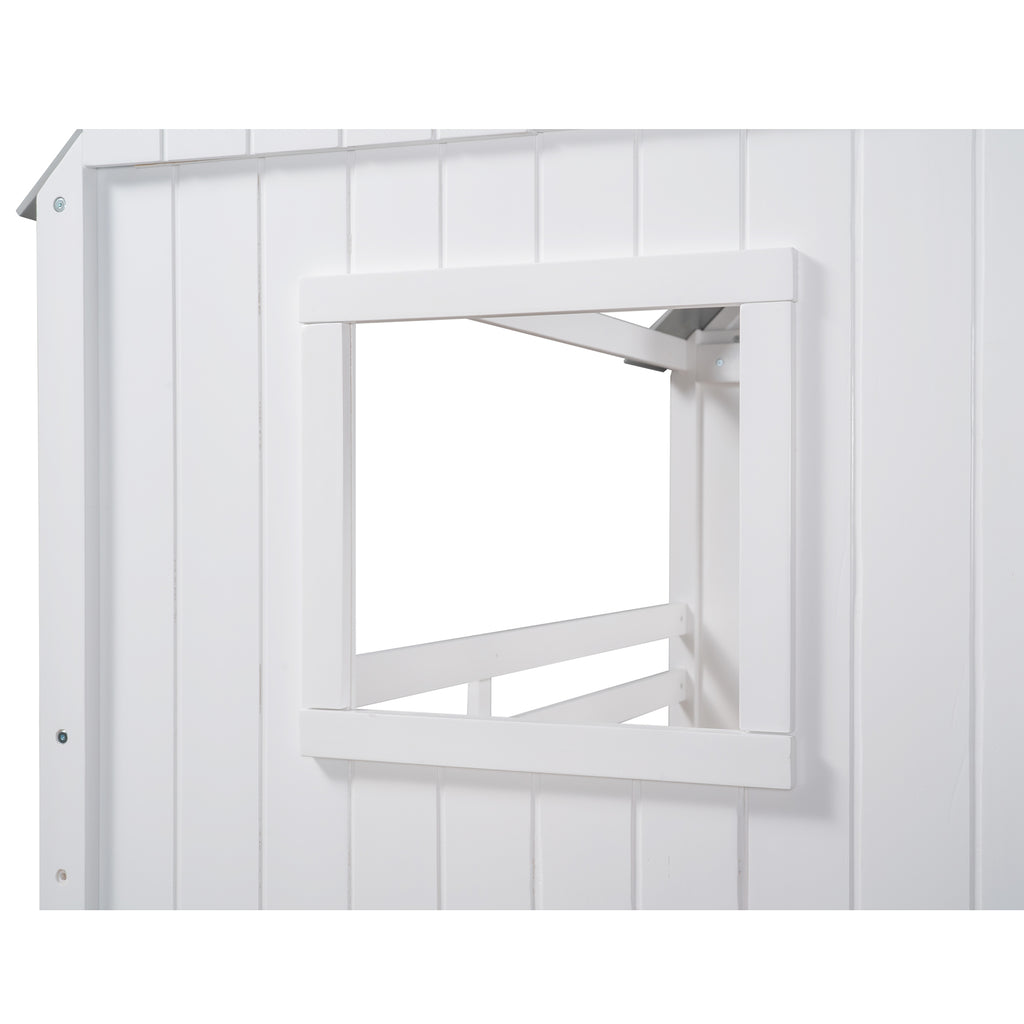 Twin Size Low Loft Wood House Bed with Two Side Windows, for Kids, Teens, Girls, Boys, (Antique Gray+Normal White)