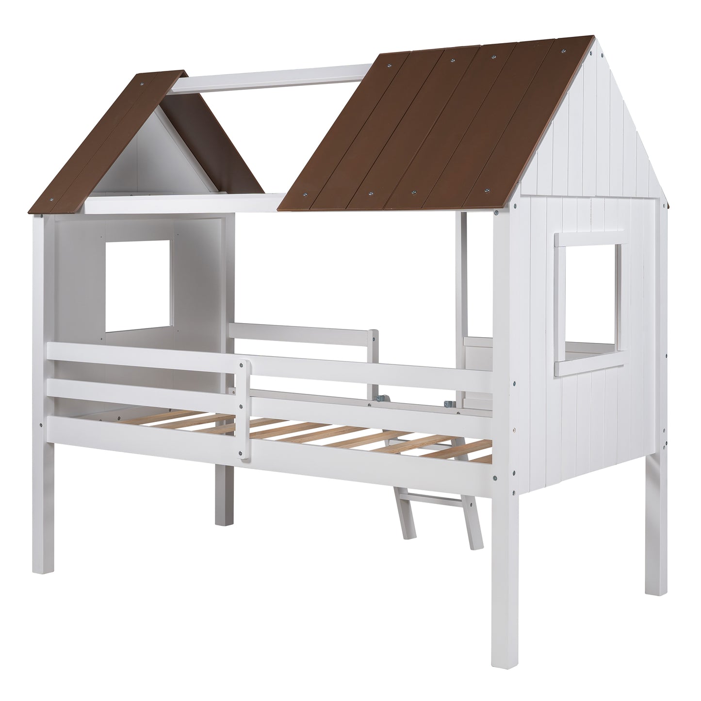 Twin Size Low Loft Wood House Bed with Two Side Windows, for Kids, Teens, Girls, Boys, (Antique Gray+Normal White)