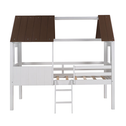 Twin Size Low Loft Wood House Bed with Two Side Windows, for Kids, Teens, Girls, Boys, (Antique Gray+Normal White)