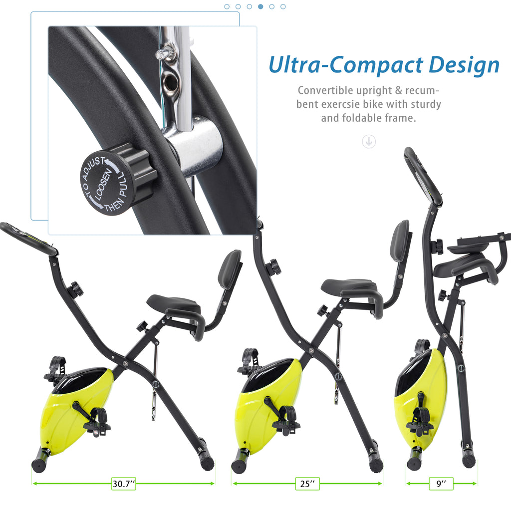 Folding Exercise Bike, Fitness Upright and Recumbent X-Bike with 10-Level Adjustable Resistance, and Backrest