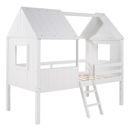 Twin Size Low Loft Wood House Bed with Two Side Windows, for Kids, Teens, Girls, Boys, (Normal White+Normal White)
