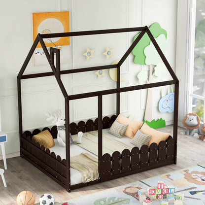 （Slats are not included) Full Size Wood Bed House Bed Frame with Fence, for Kids, Teens, Girls, Boys (Espresso )