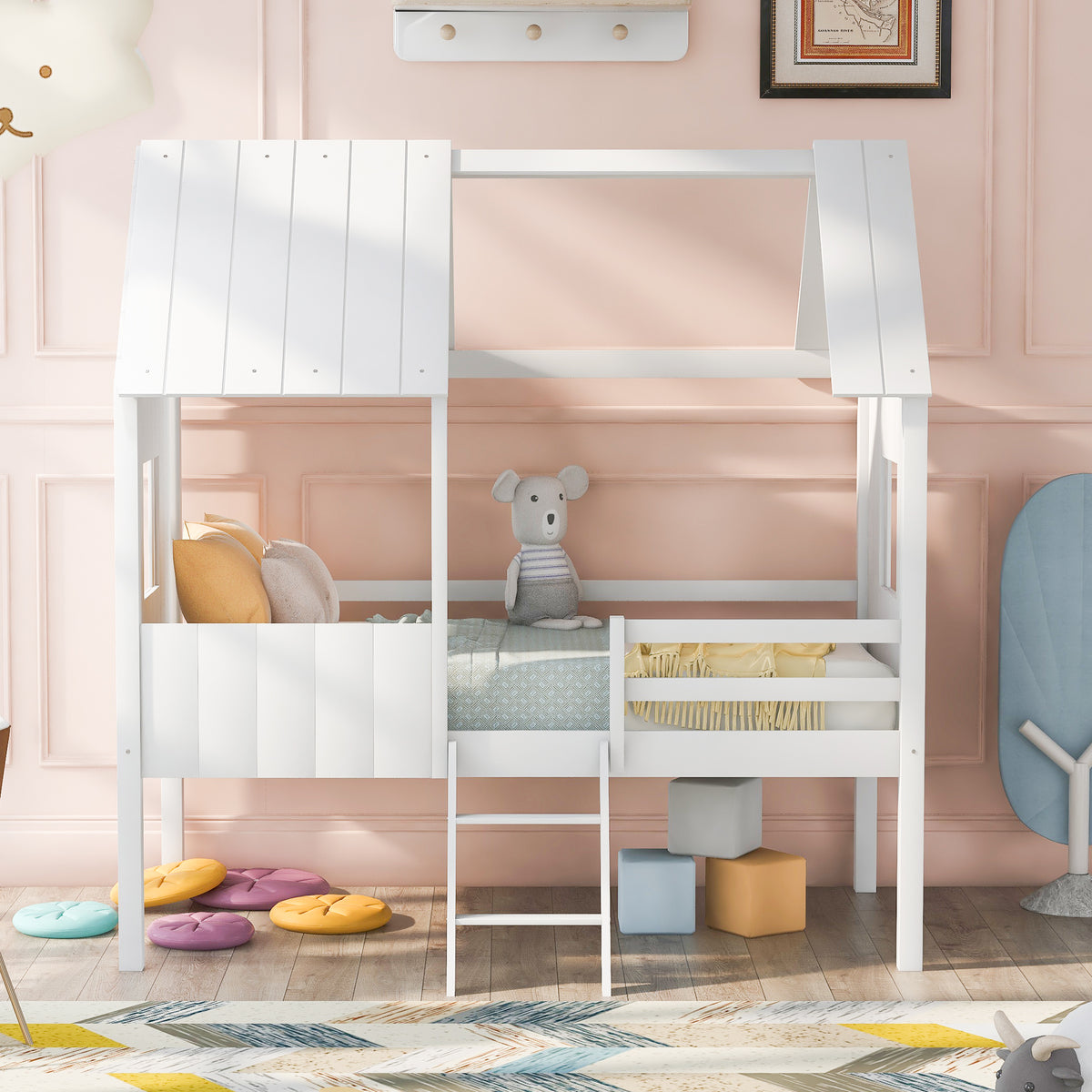Twin Size Low Loft Wood House Bed with Two Side Windows, for Kids, Teens, Girls, Boys, (Normal White+Normal White)