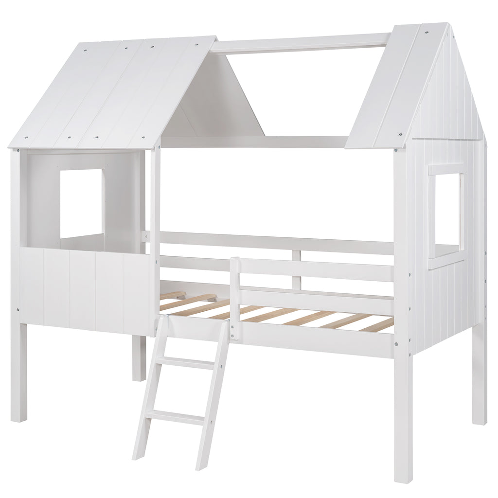 Twin Size Low Loft Wood House Bed with Two Side Windows, for Kids, Teens, Girls, Boys, (Normal White+Normal White)
