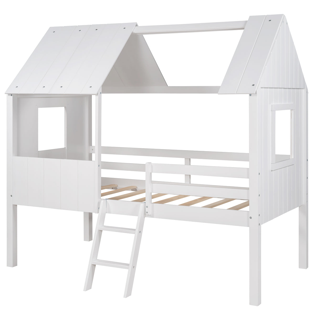 Twin Size Low Loft Wood House Bed with Two Side Windows, for Kids, Teens, Girls, Boys, (Normal White+Normal White)