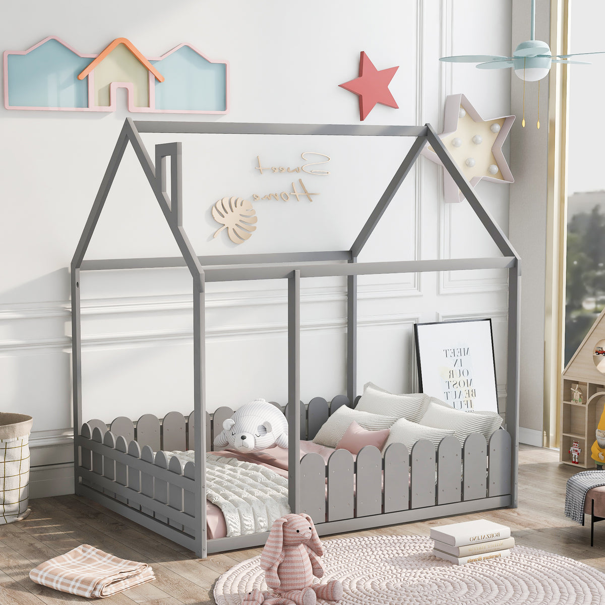 （Slats are not included) Full Size Wood Bed House Bed Frame with Fence, for Kids, Teens, Girls, Boys (Gray )