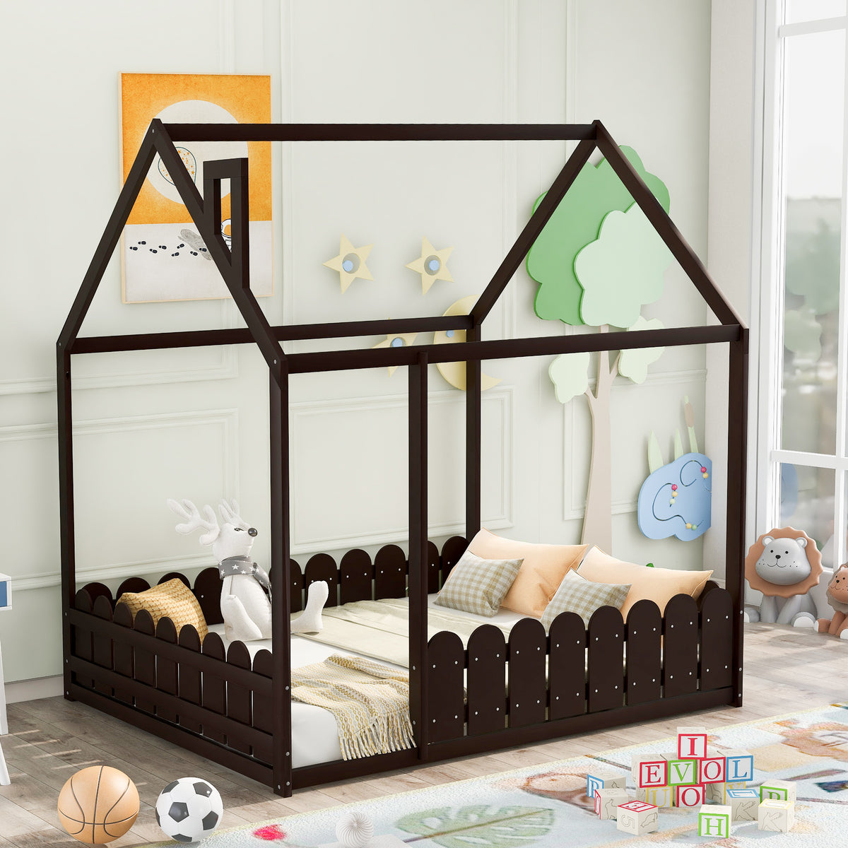 （Slats are not included) Full Size Wood Bed House Bed Frame with Fence, for Kids, Teens, Girls, Boys (Espresso )