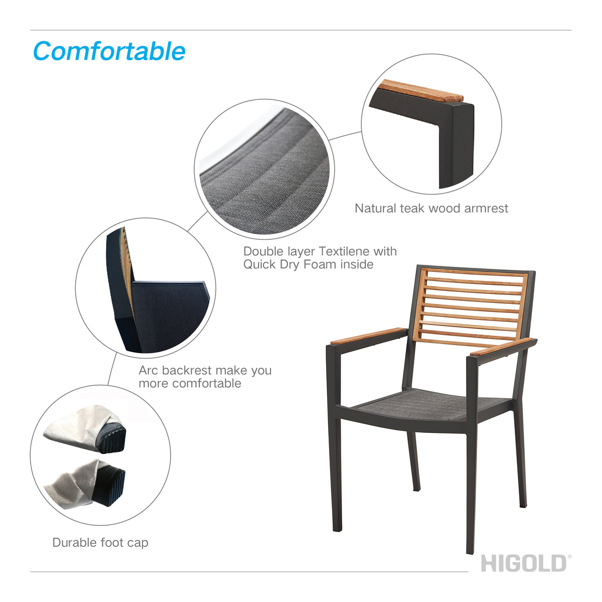 Champion Patio Dining Set, 7 Pieces Outdoor Dining Chairs with Teak Solid Wood Tabletop, Matte Charcoal Aluminum Frame