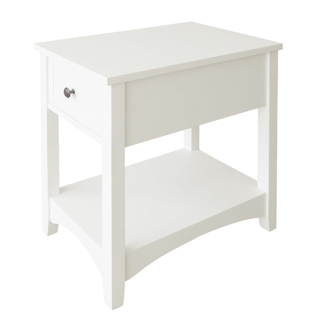 2-Tier Side End Table with Storage Shelf and Drawer, Narrow Nightstand for Living Room Bedroom Small Spaces, Solid Wood Legs, Ivory White