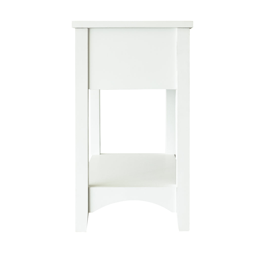 2-Tier Side End Table with Storage Shelf and Drawer, Narrow Nightstand for Living Room Bedroom Small Spaces, Solid Wood Legs, Ivory White