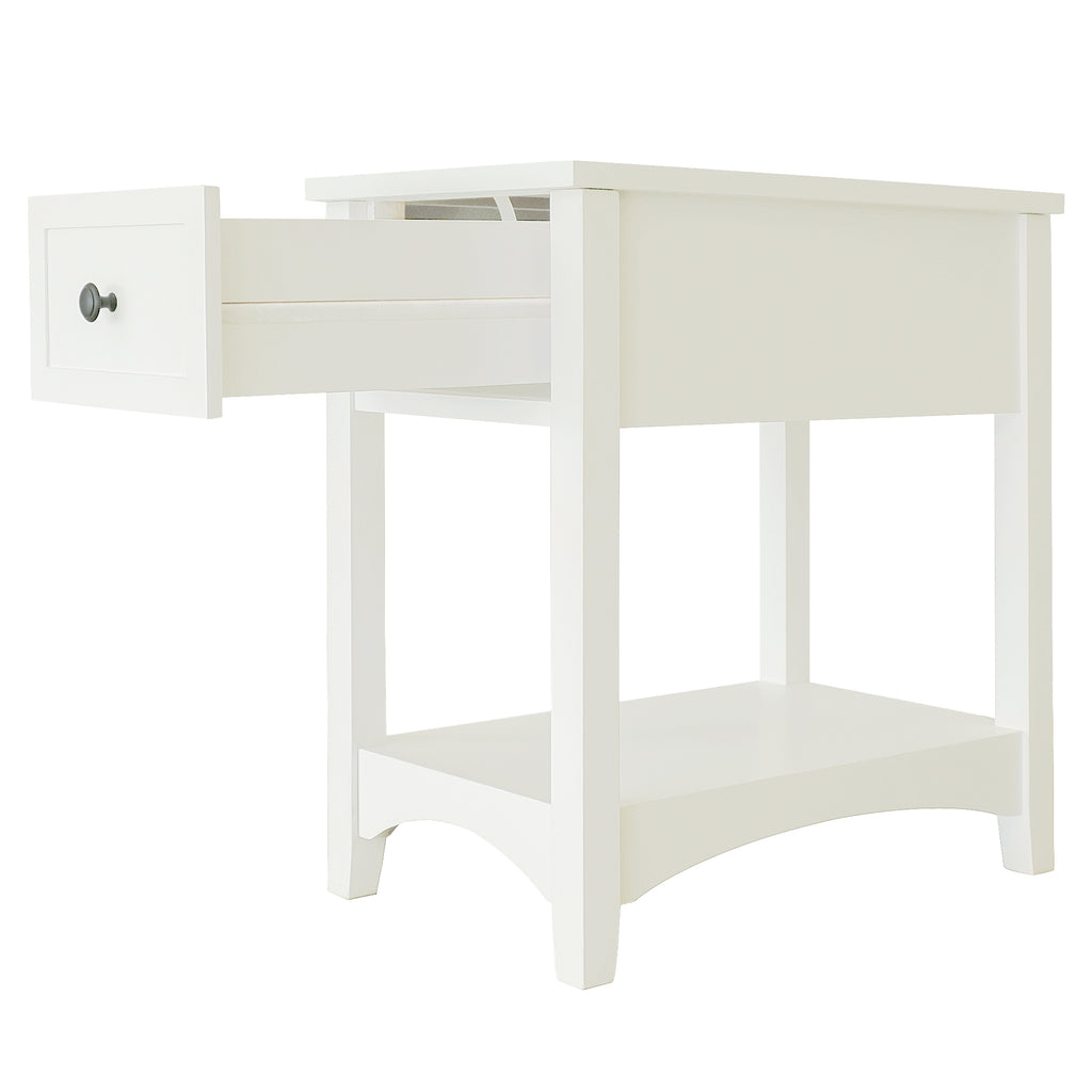 2-Tier Side End Table with Storage Shelf and Drawer, Narrow Nightstand for Living Room Bedroom Small Spaces, Solid Wood Legs, Ivory White