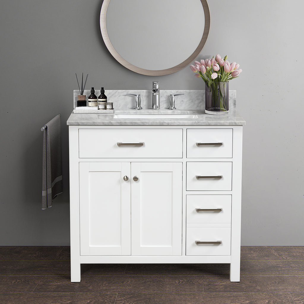 36&rdquo; Single Solid Wood Bathroom Vanity Set, with Drawers, Carrara White Marble Top, 3 Faucet Hole