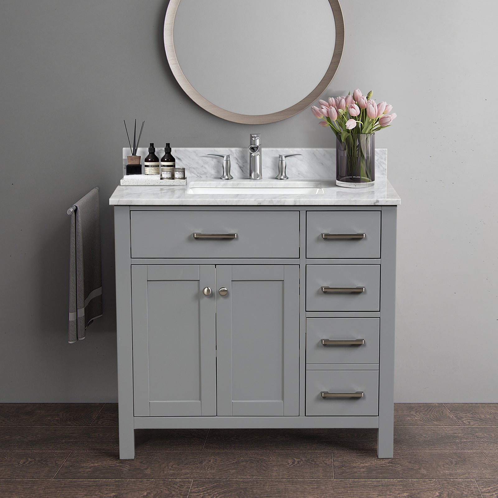 36&rdquo; Single Solid Wood Bathroom Vanity Set, with Drawers, Carrara White Marble Top, 3 Faucet Hole