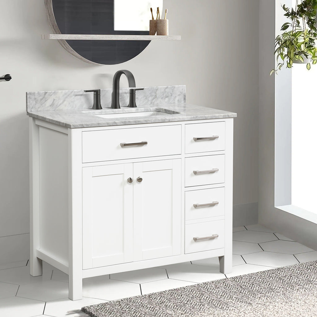 36&rdquo; Single Solid Wood Bathroom Vanity Set, with Drawers, Carrara White Marble Top, 3 Faucet Hole