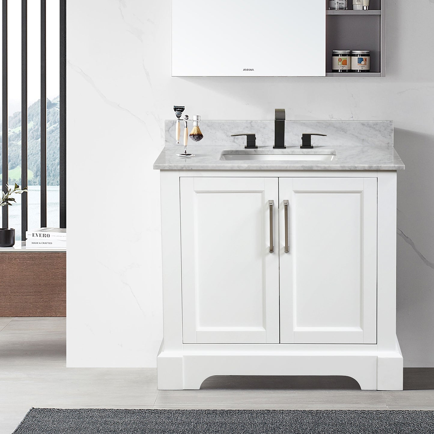 36&rdquo; Single Solid Wood Bathroom Vanity Set, with Drawers, Carrara White Marble Top, 3 Faucet Hole