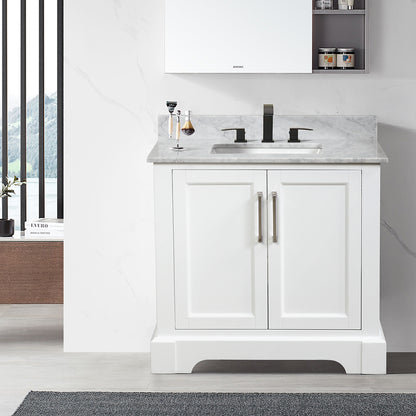 36&rdquo; Single Solid Wood Bathroom Vanity Set, with Drawers, Carrara White Marble Top, 3 Faucet Hole