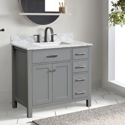 36&rdquo; Single Solid Wood Bathroom Vanity Set, with Drawers, Carrara White Marble Top, 3 Faucet Hole