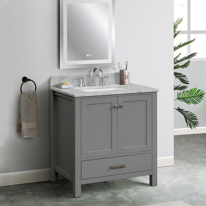 30&rdquo; Single Solid Wood Bathroom Vanity Set, with Drawers, Carrara White Marble Top, 3 Faucet Hole