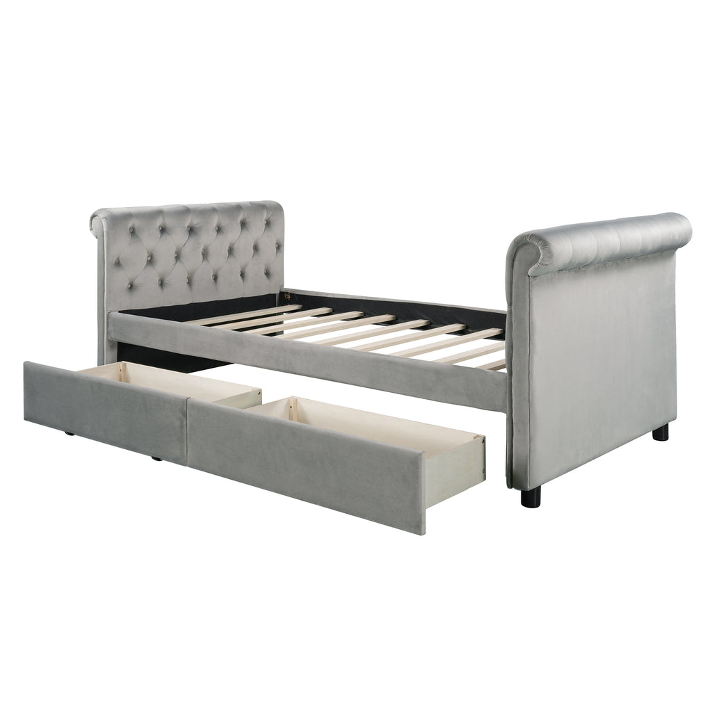 Twin Size Upholstered daybed with Drawers, Wood Slat Support, Gray