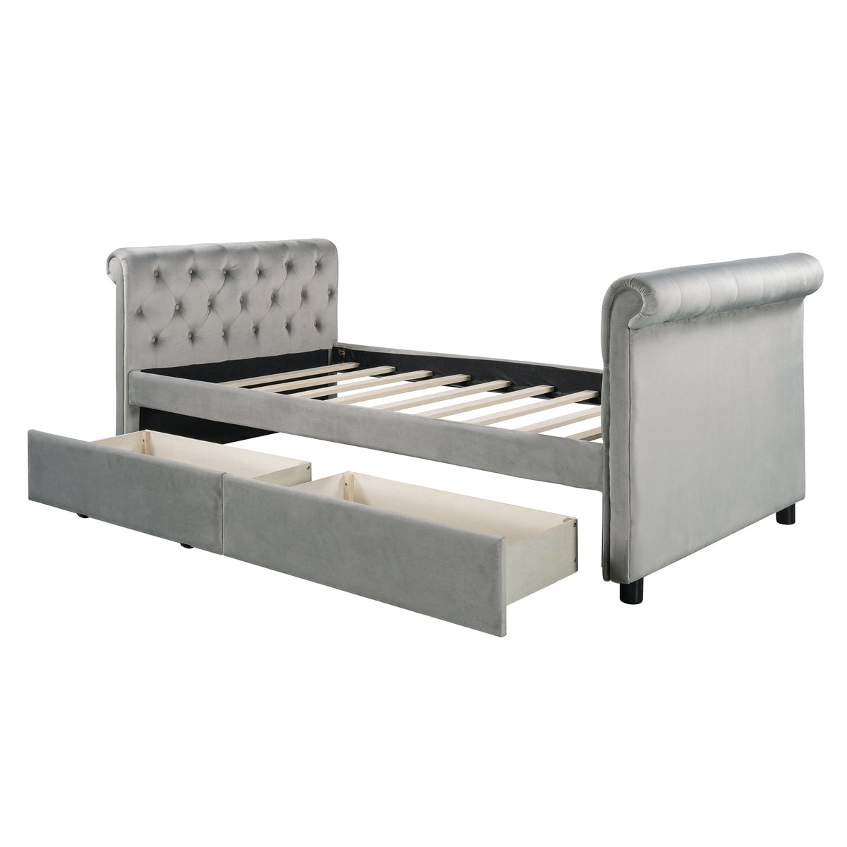 Twin Size Upholstered daybed with Drawers, Wood Slat Support, Gray
