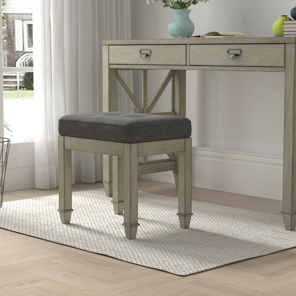 American Solid Wood High Elastic Vanity Stool(Dark Grey)