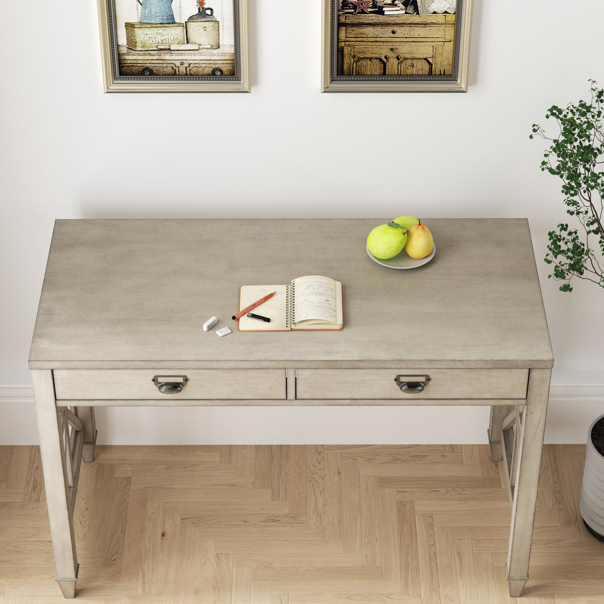 American solid wood square desk dressing table with two drawers,46.06*21.65*30.91H (Antique Gray)