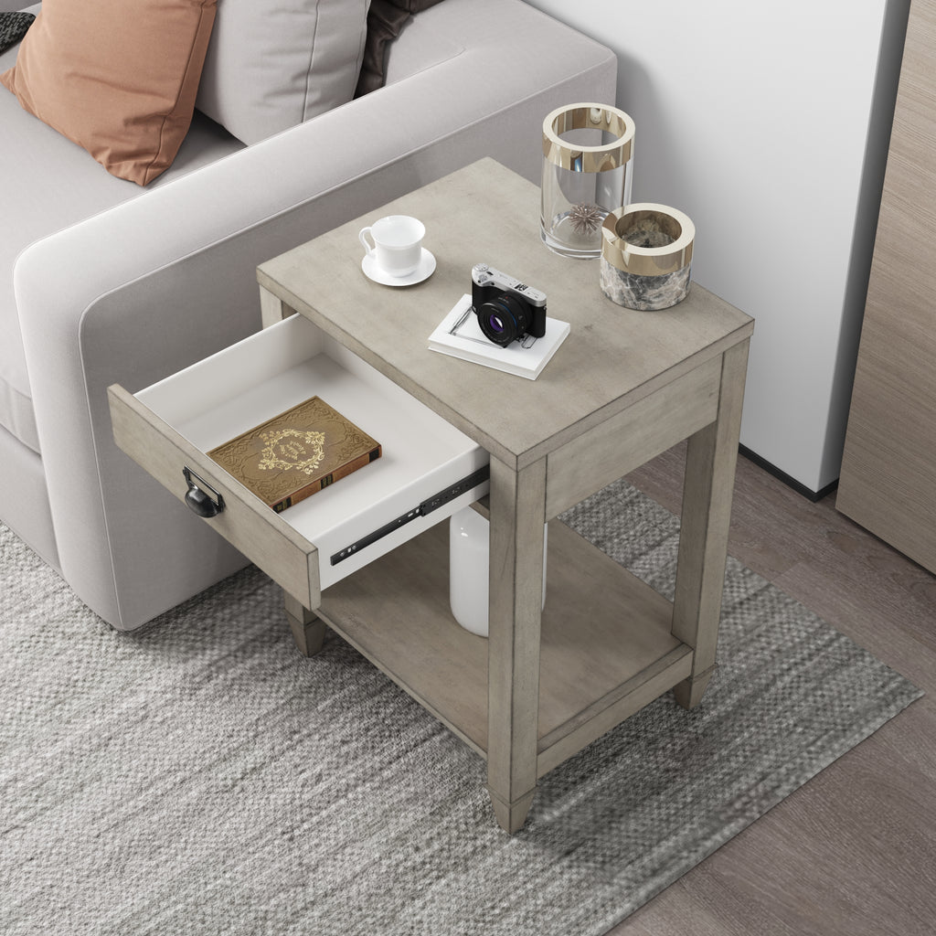 American solid wood square side table with drawer (Antique Gray)