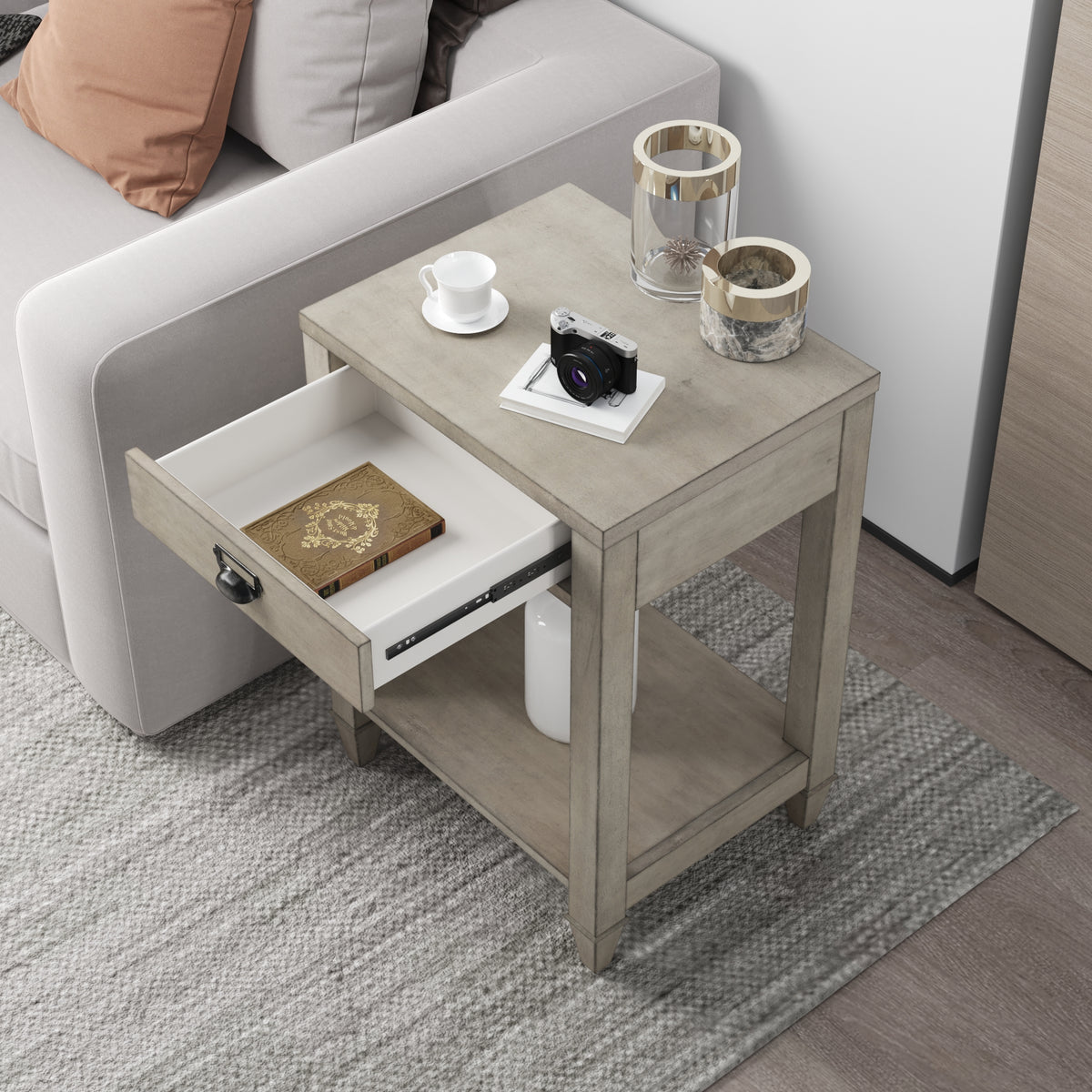 American solid wood square side table with drawer (Antique Gray)