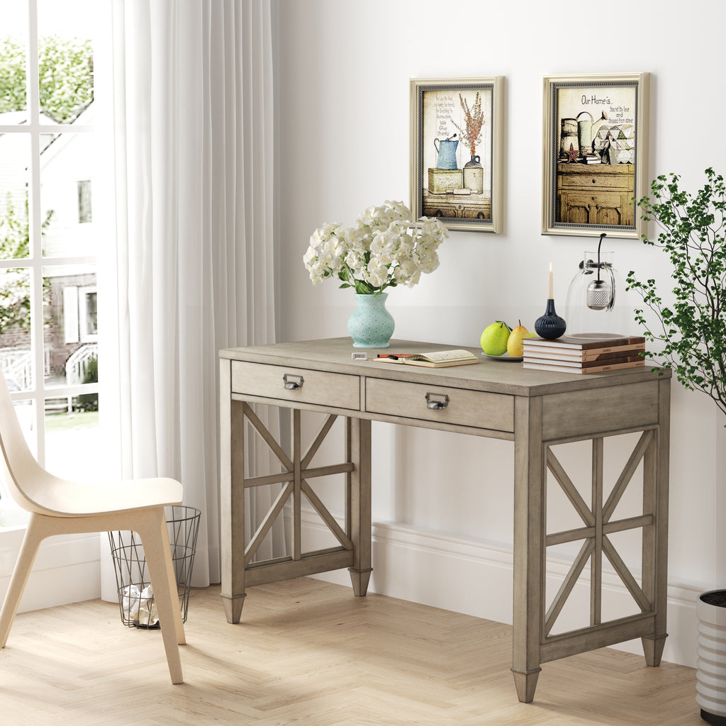 American solid wood square desk dressing table with two drawers,46.06*21.65*30.91H (Antique Gray)